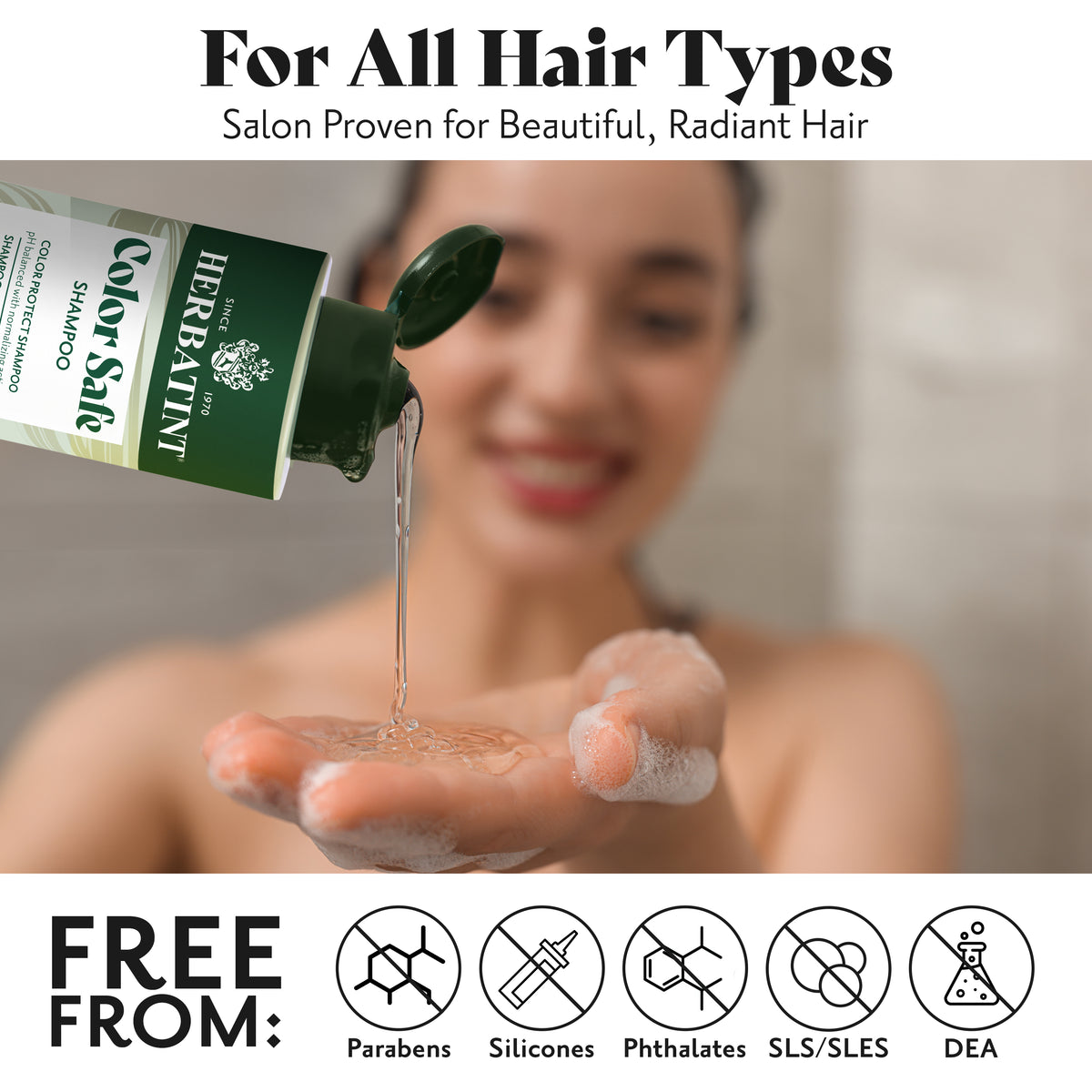 Herbal Shampoo bottle being poured into a hand with a blurred background of a woman, highlighting the product&