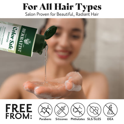 Herbal Shampoo bottle being poured into a hand with a blurred background of a woman, highlighting the product&